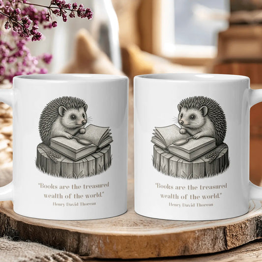 "Go Confidently" — Thoreau Quote Mug with Hedgehog Illustration