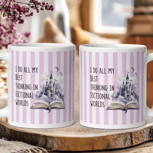 "I Do All My Best Thinking While Reading" — Striped Quote Mug
