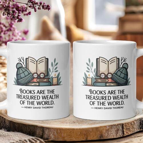 "Books Are the Treasured Wealth of the World" — Thoreau Quote Mug