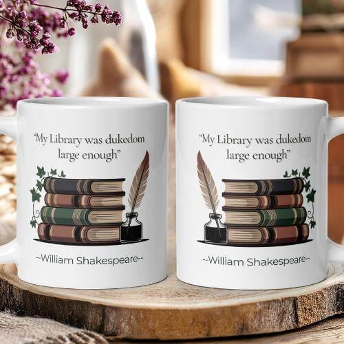 "My Library Was Dukedom Large Enough" — Shakespeare Quote Mug