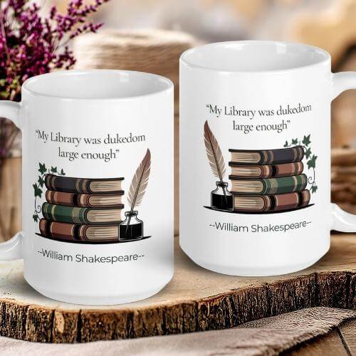"My Library Was Dukedom Large Enough" — Shakespeare Quote Mug