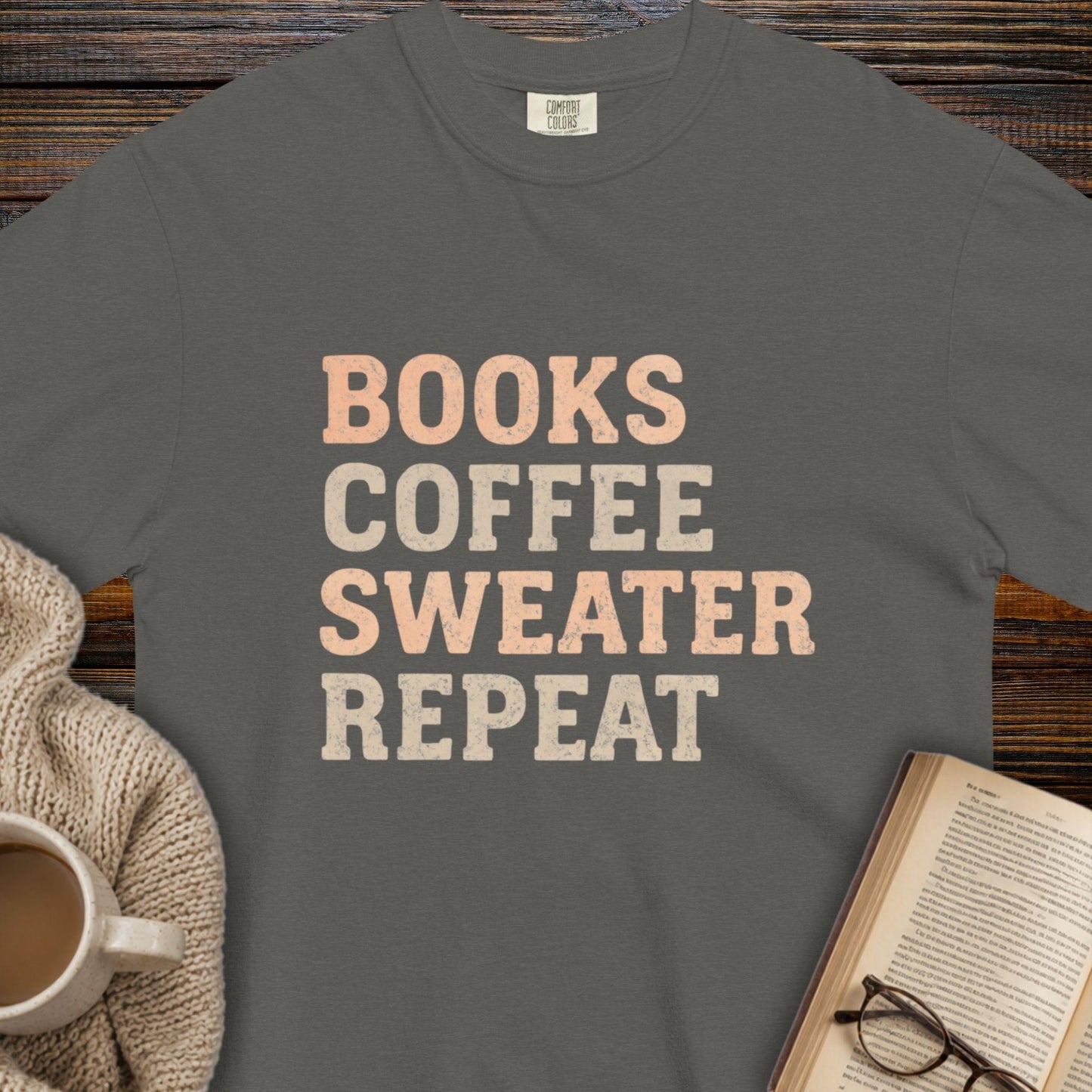 Books, coffee, sweater, repeat T-shirt