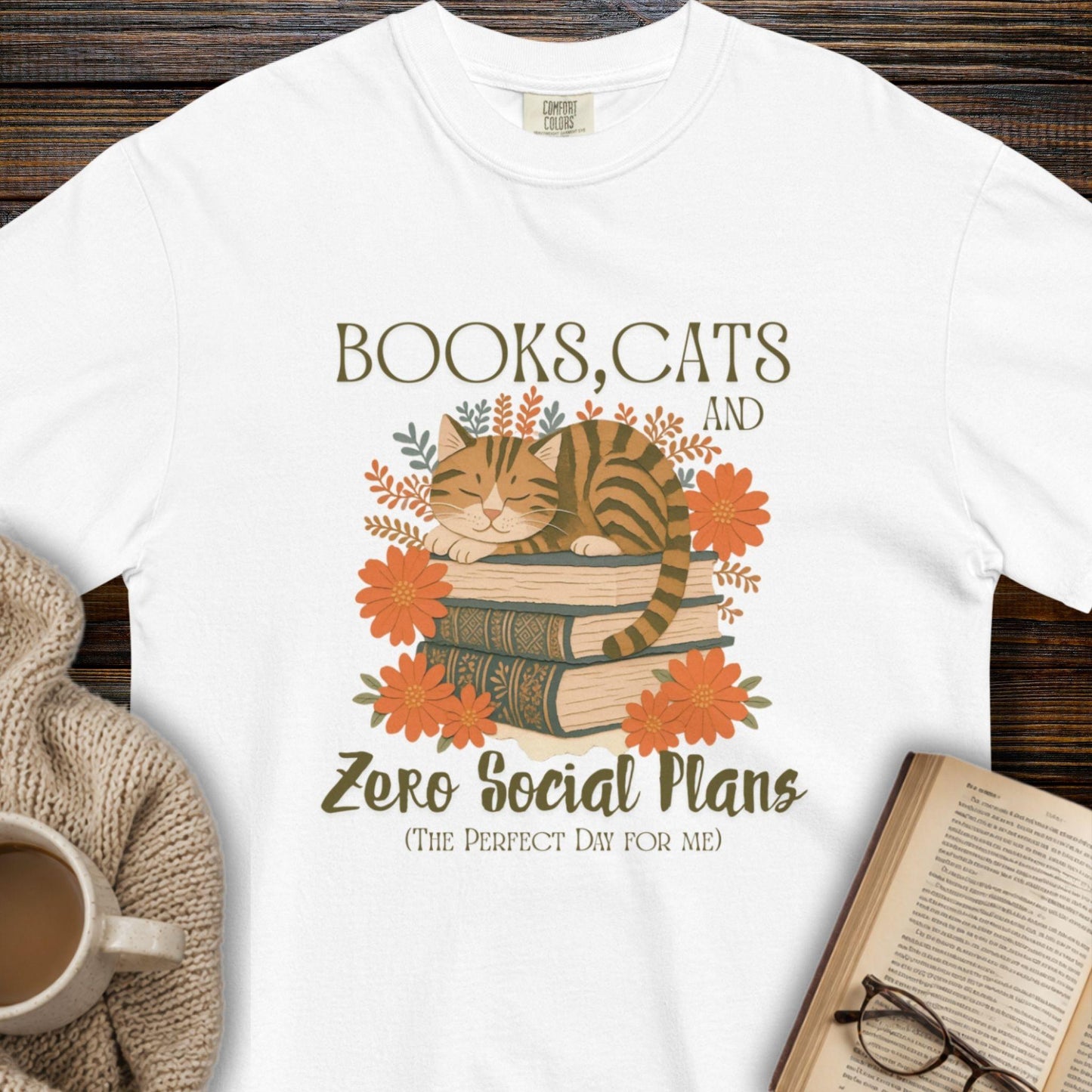 Books, Cats and Zero Social Plans T-Shirt