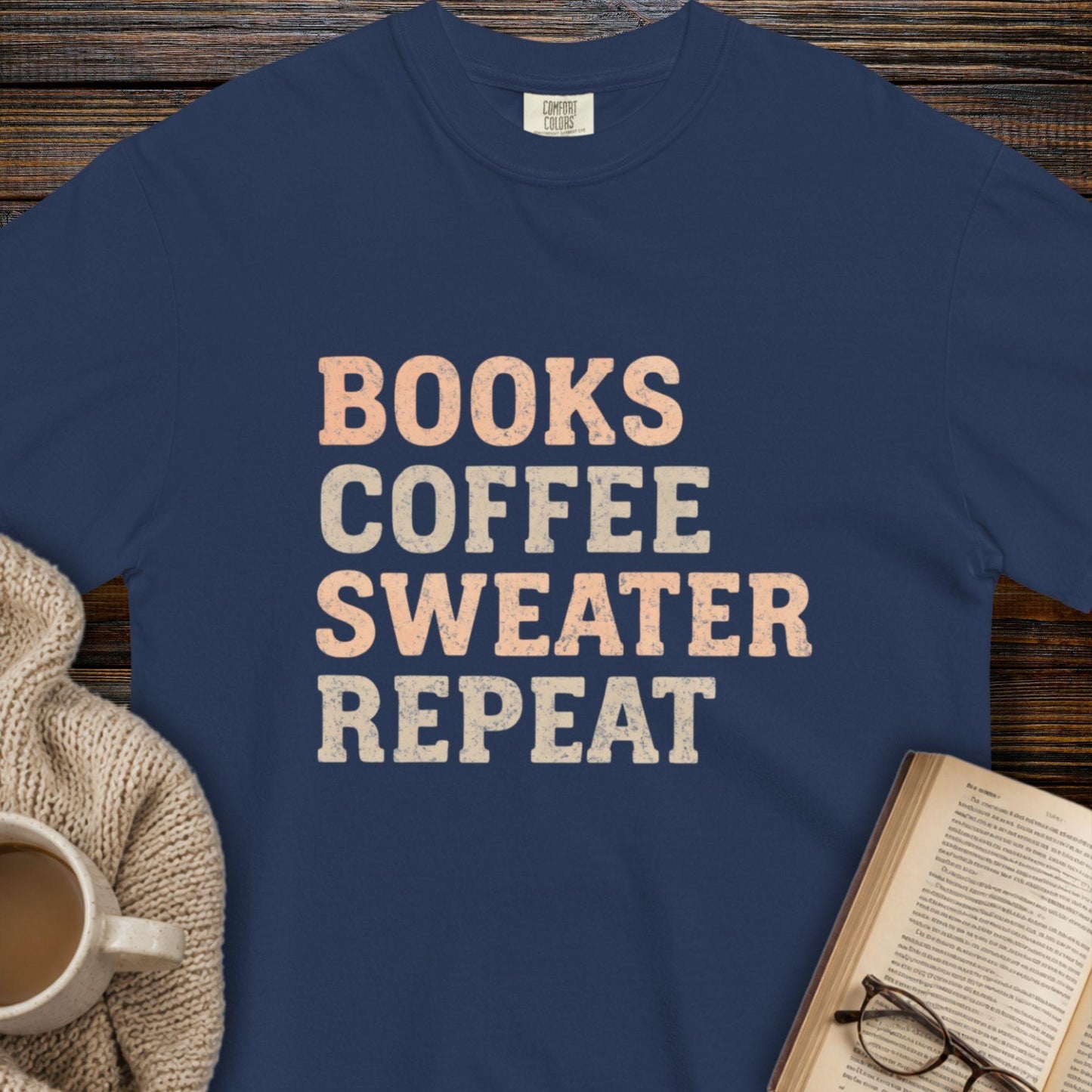 Books, coffee, sweater, repeat T-shirt