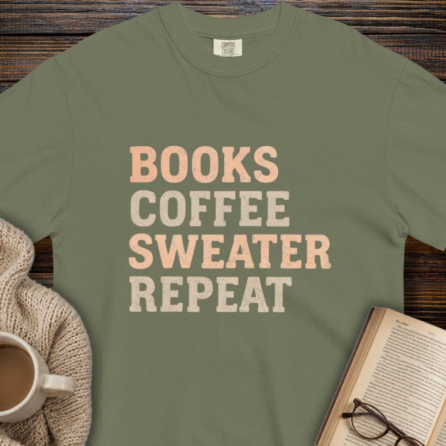 Books, coffee, sweater, repeat T-shirt