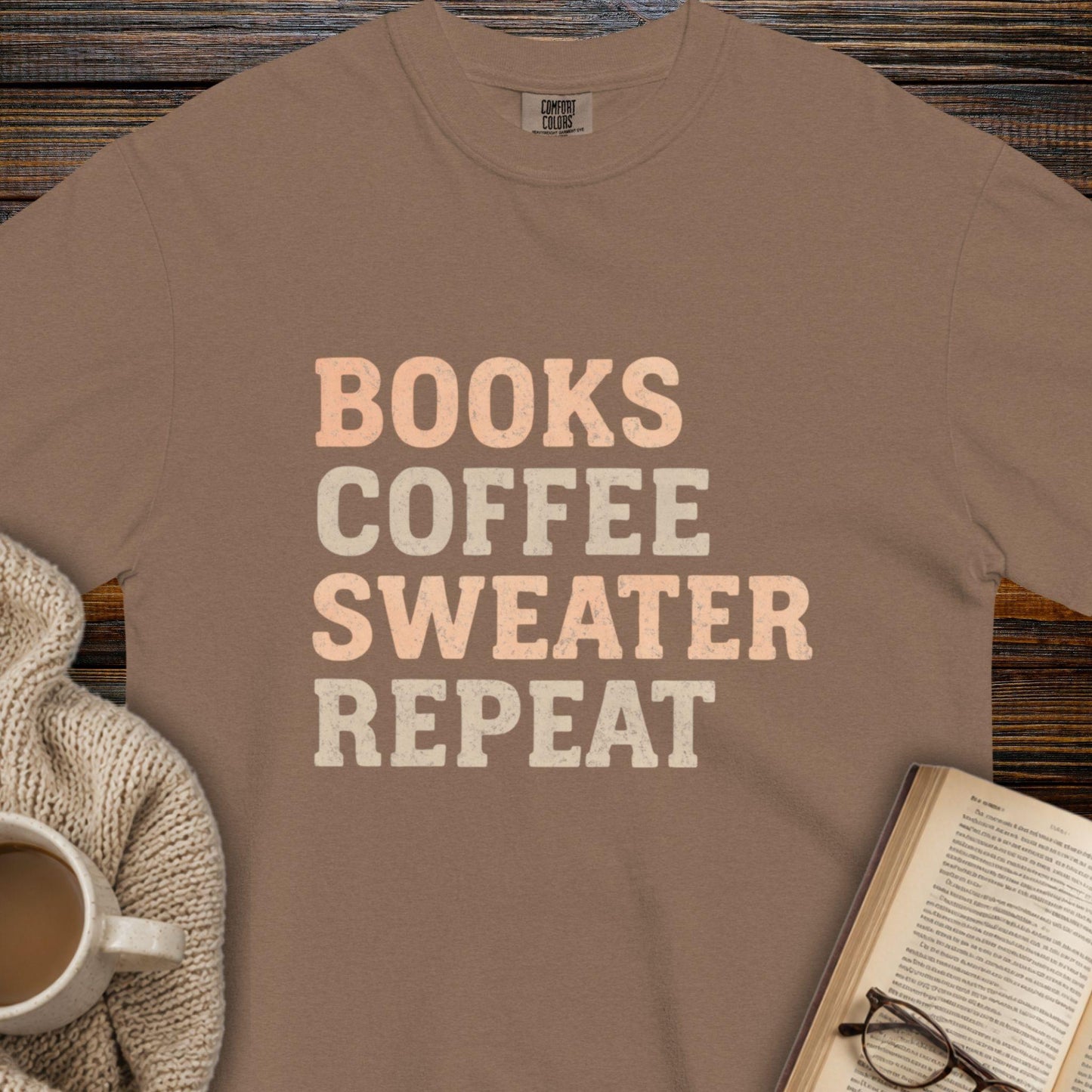 Books, coffee, sweater, repeat T-shirt
