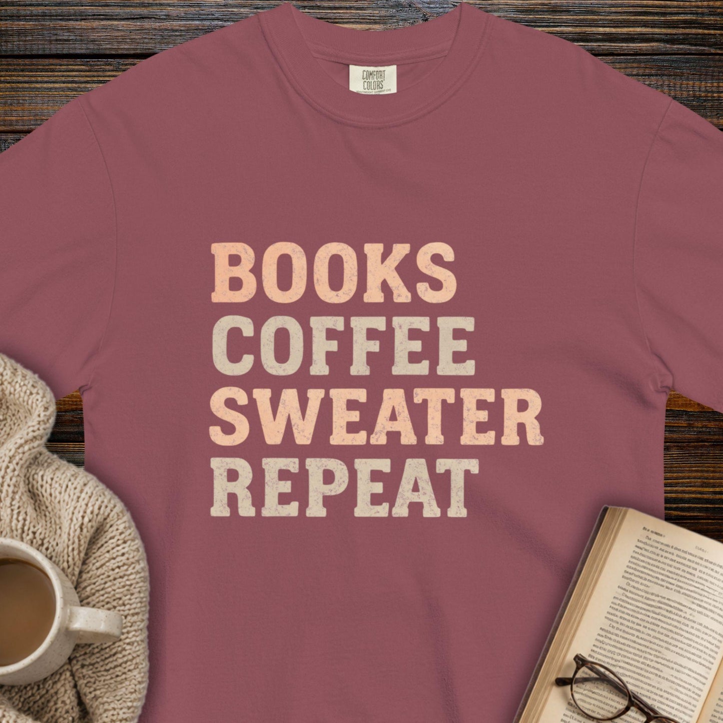 Books, coffee, sweater, repeat T-shirt